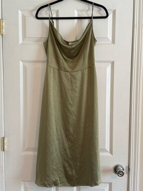 Satin Olive Green Cowl-Neck Midi Slip Dress